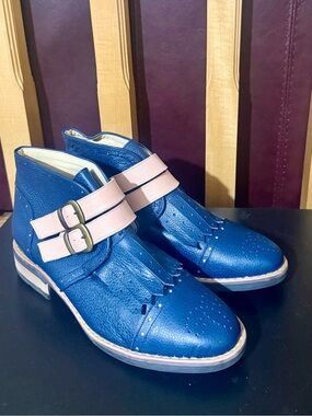 NWOT Ana Maria Dessin Handmade Leather Monk Strap Kiltie Brogue Boots Blue Pink